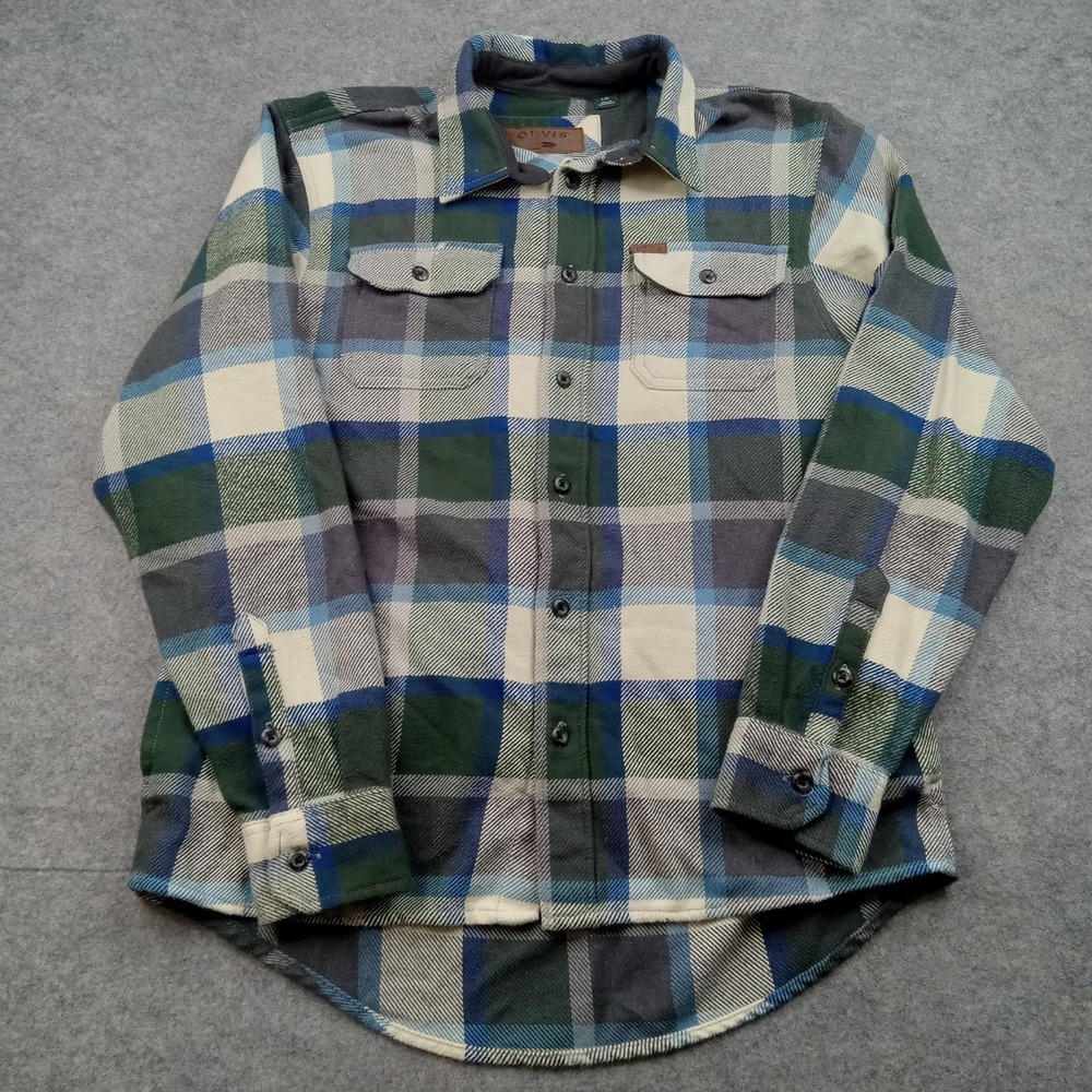 Orvis Shirt Mens Large Green Blue Plaid Heavy Flannel Button Down Long Sleeve‎